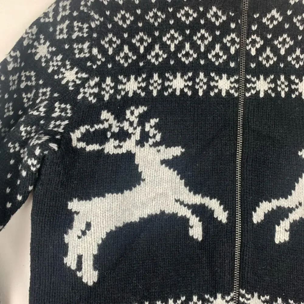 Black Brown mens small lambs wool knit reindeer sweater zip polo white new